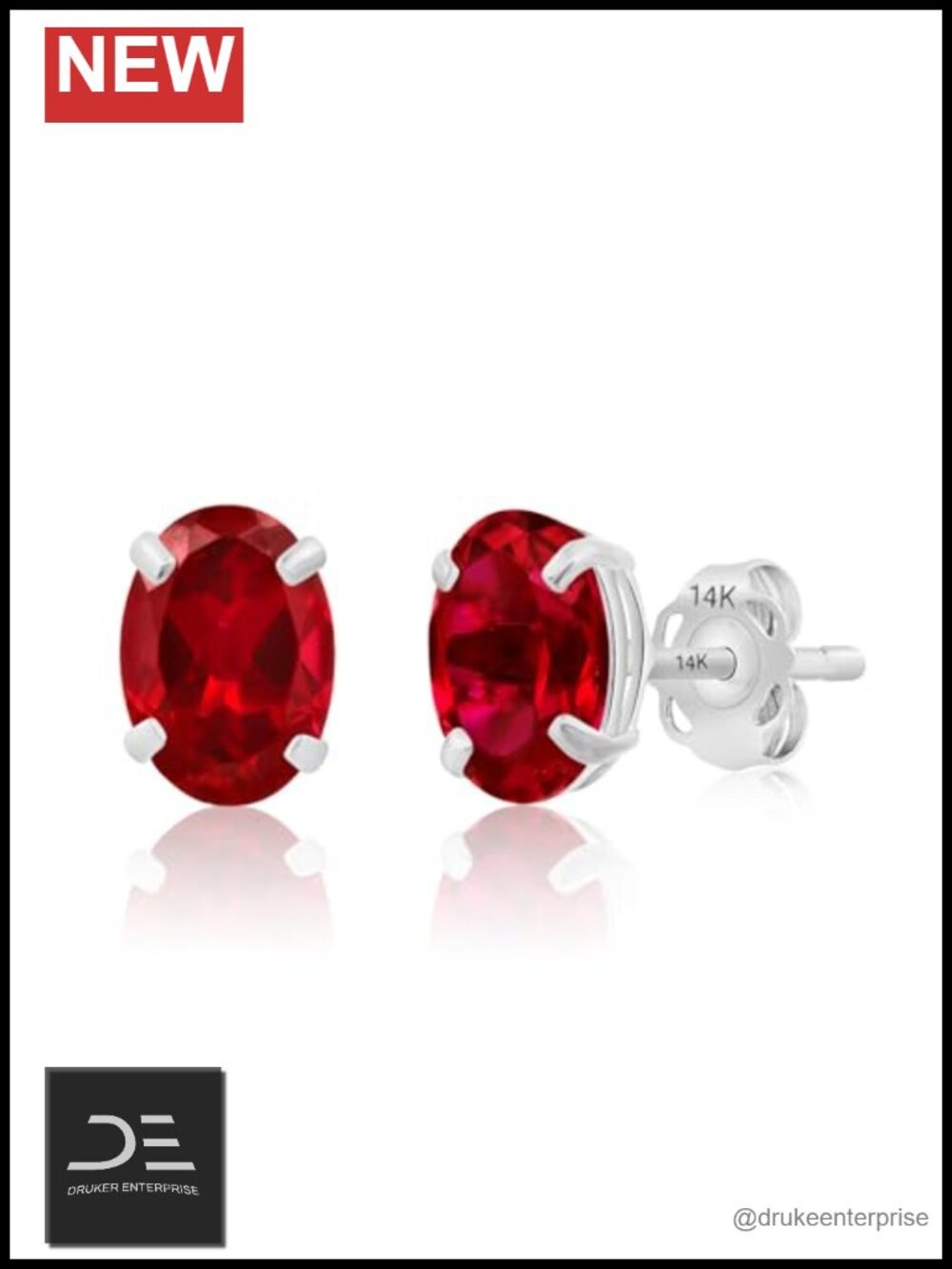 14K White Gold Created Oval Ruby Stud Earrings 7x5mm Push Back Women